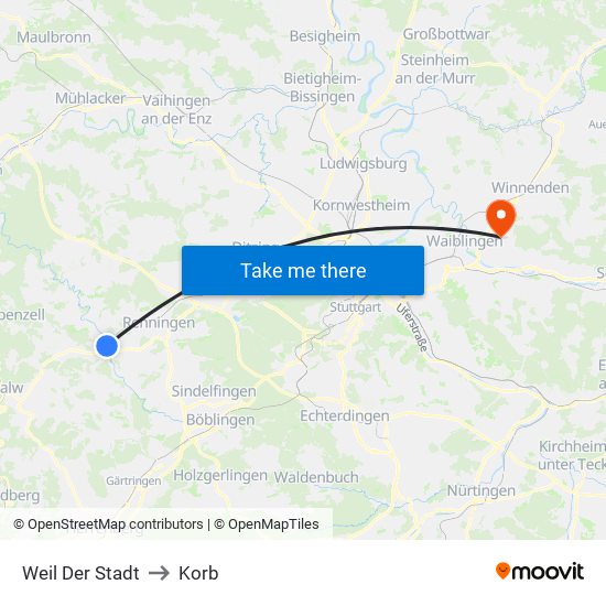 Weil Der Stadt to Korb map