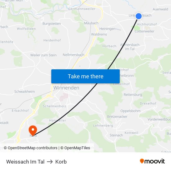Weissach Im Tal to Korb map
