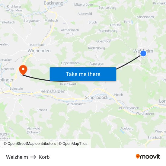 Welzheim to Korb map