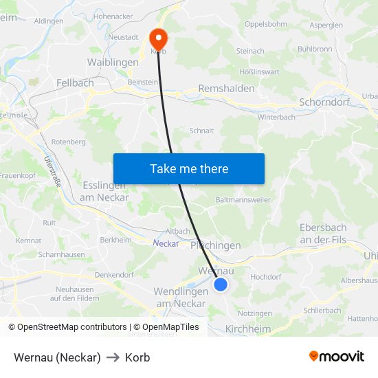 Wernau (Neckar) to Korb map