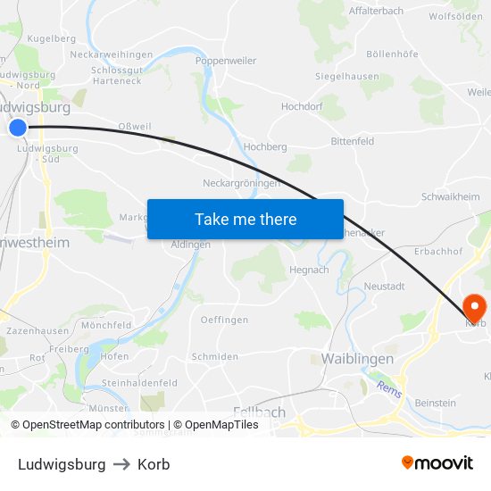 Ludwigsburg to Korb map