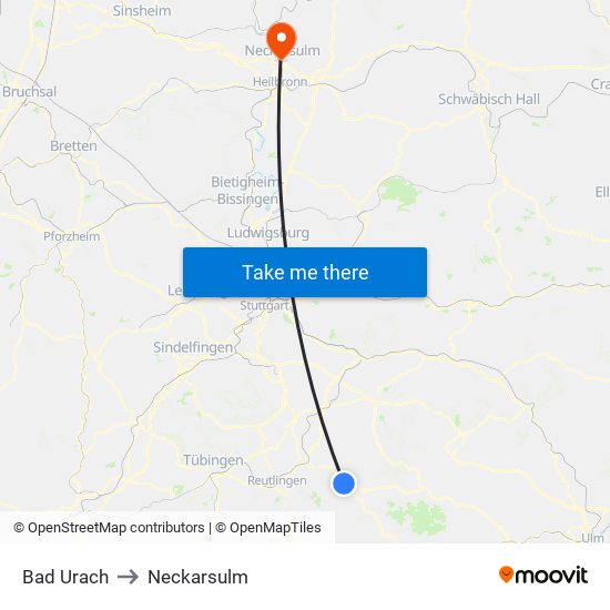Bad Urach to Neckarsulm map