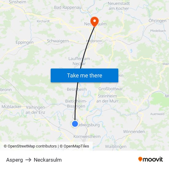 Asperg to Neckarsulm map