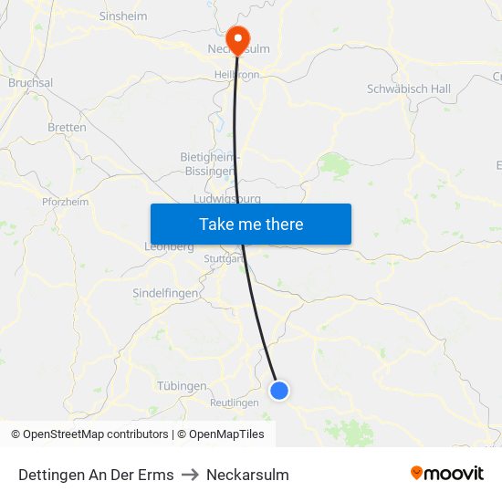 Dettingen An Der Erms to Neckarsulm map