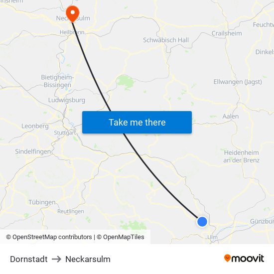 Dornstadt to Neckarsulm map