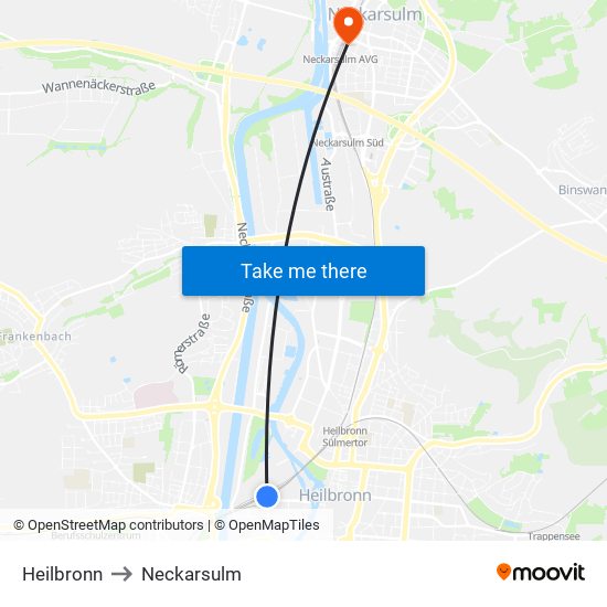 Heilbronn to Neckarsulm map