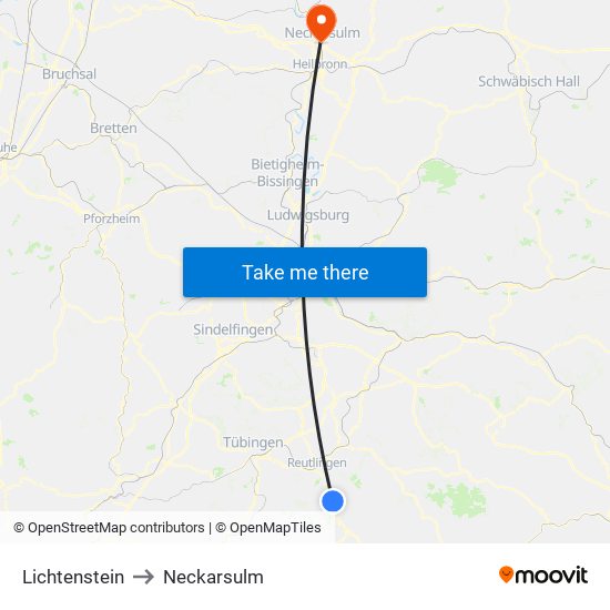 Lichtenstein to Neckarsulm map