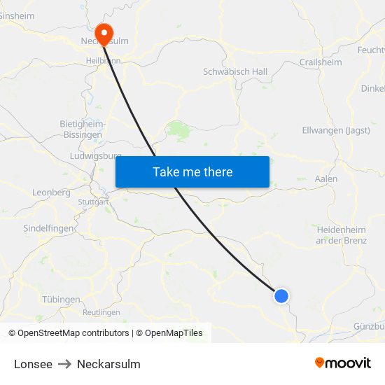 Lonsee to Neckarsulm map