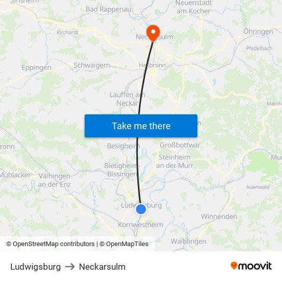 Ludwigsburg to Neckarsulm map