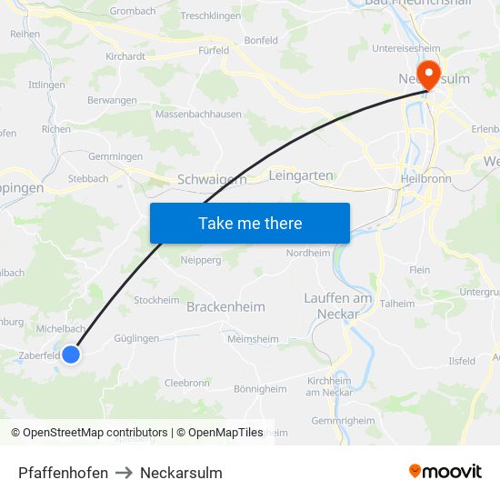 Pfaffenhofen to Neckarsulm map