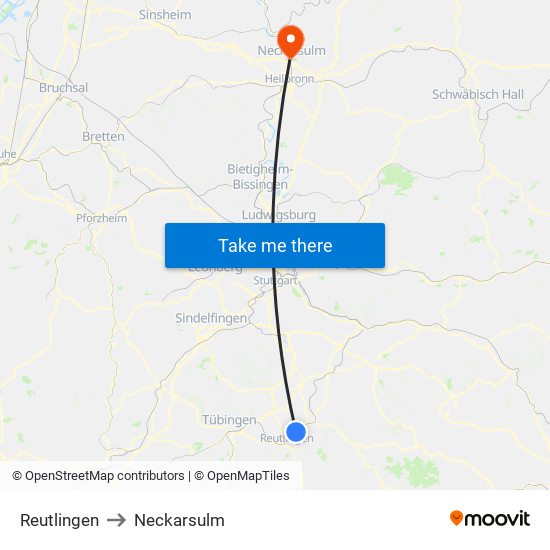 Reutlingen to Neckarsulm map