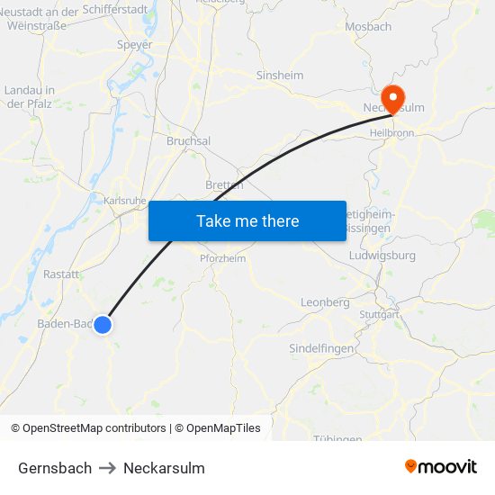 Gernsbach to Neckarsulm map