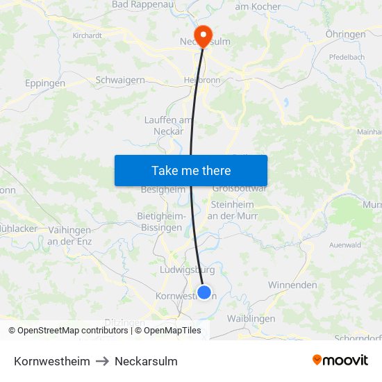 Kornwestheim to Neckarsulm map