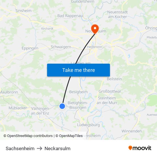 Sachsenheim to Neckarsulm map