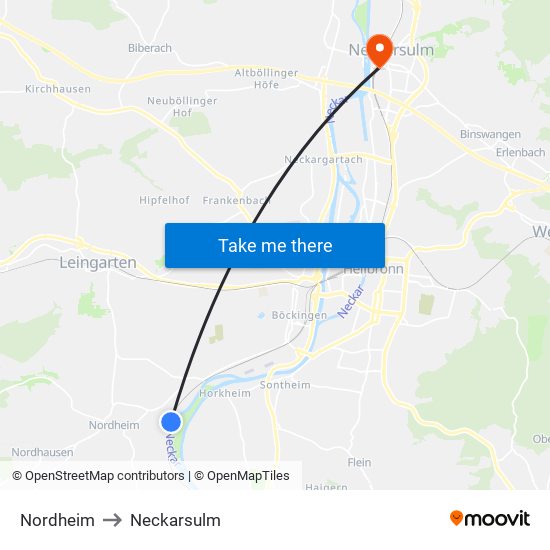 Nordheim to Neckarsulm map