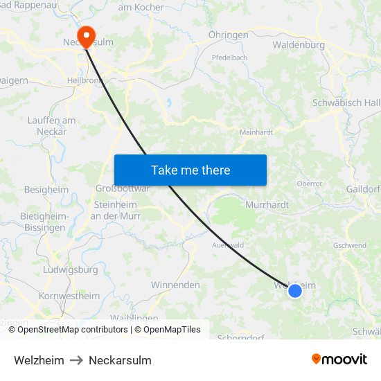 Welzheim to Neckarsulm map