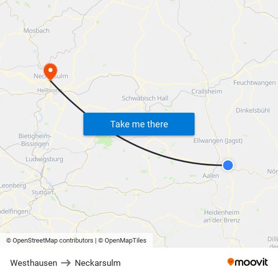 Westhausen to Neckarsulm map