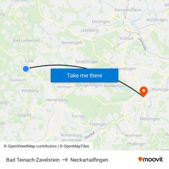Bad Teinach-Zavelstein to Neckartailfingen map
