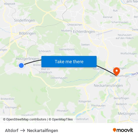 Altdorf to Neckartailfingen map