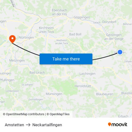 Amstetten to Neckartailfingen map