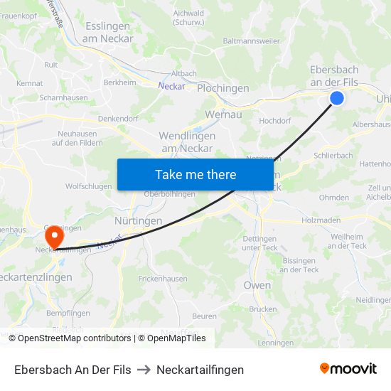 Ebersbach An Der Fils to Neckartailfingen map