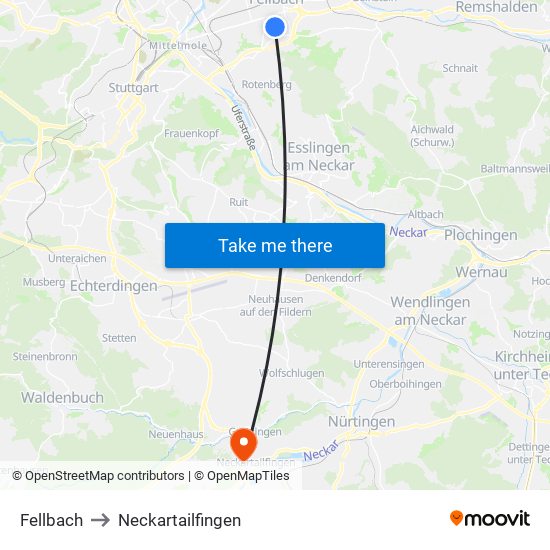 Fellbach to Neckartailfingen map