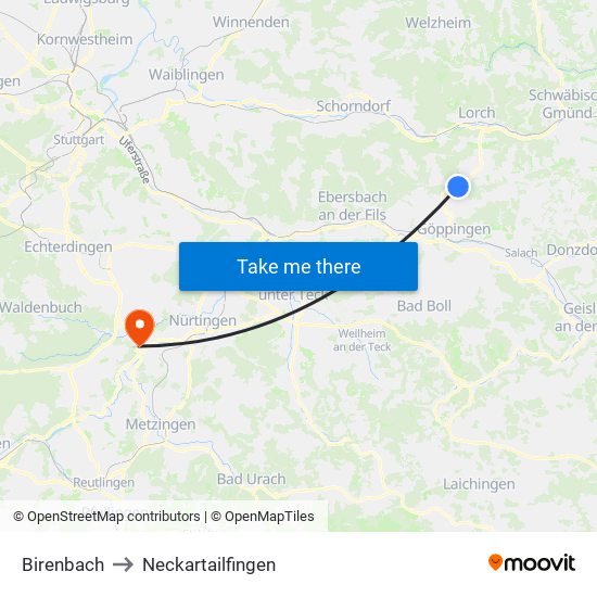 Birenbach to Neckartailfingen map
