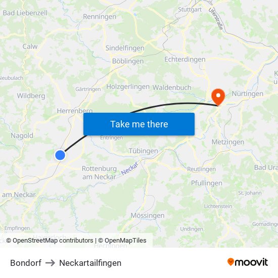 Bondorf to Neckartailfingen map