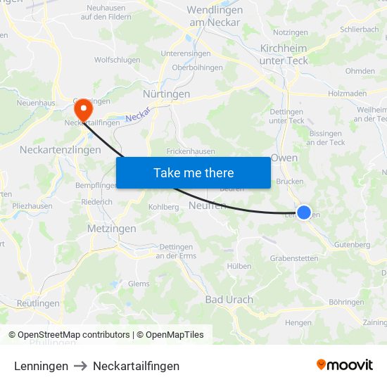 Lenningen to Neckartailfingen map