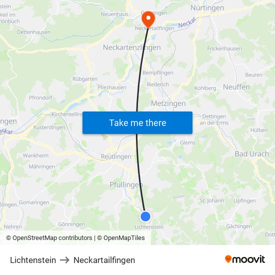 Lichtenstein to Neckartailfingen map