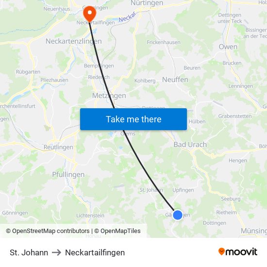 St. Johann to Neckartailfingen map