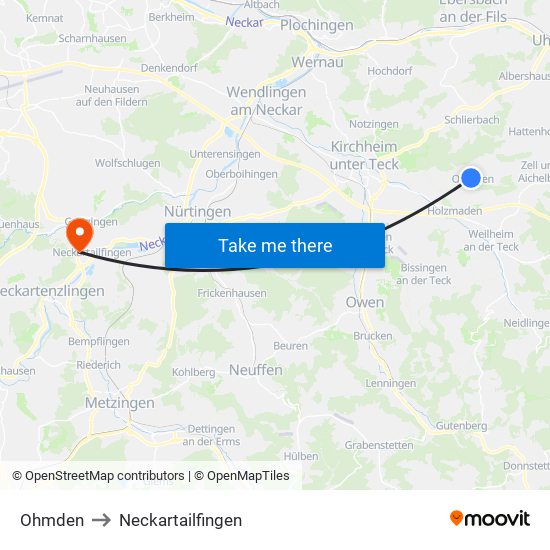 Ohmden to Neckartailfingen map