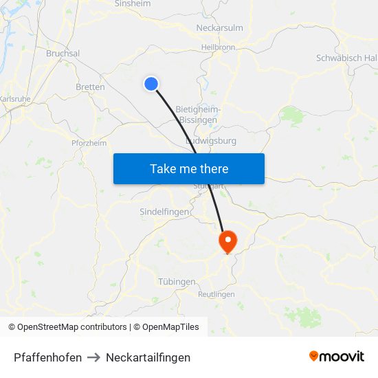 Pfaffenhofen to Neckartailfingen map