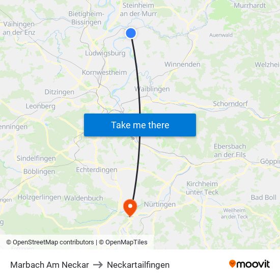 Marbach Am Neckar to Neckartailfingen map