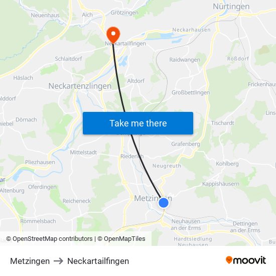 Metzingen to Neckartailfingen map