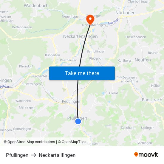 Pfullingen to Neckartailfingen map