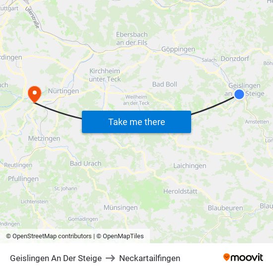 Geislingen An Der Steige to Neckartailfingen map