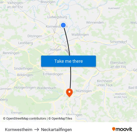 Kornwestheim to Neckartailfingen map