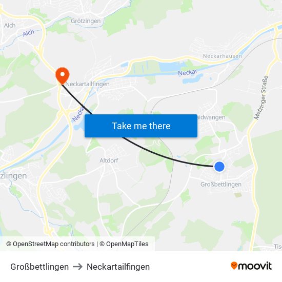 Großbettlingen to Neckartailfingen map