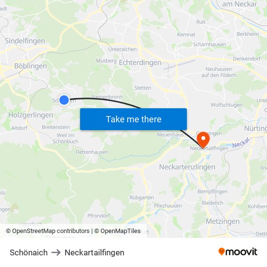 Schönaich to Neckartailfingen map