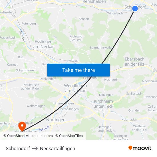 Schorndorf to Neckartailfingen map