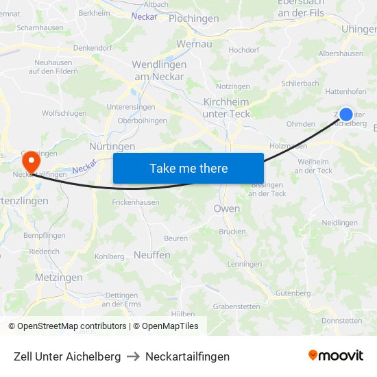 Zell Unter Aichelberg to Neckartailfingen map
