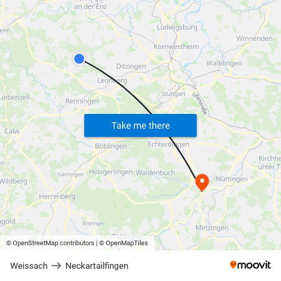 Weissach to Neckartailfingen map