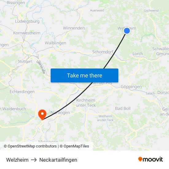 Welzheim to Neckartailfingen map