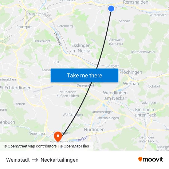 Weinstadt to Neckartailfingen map