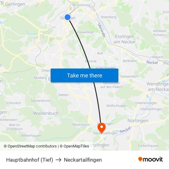 Hauptbahnhof (Tief) to Neckartailfingen map