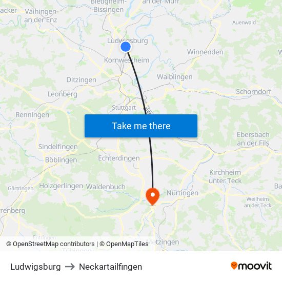 Ludwigsburg to Neckartailfingen map