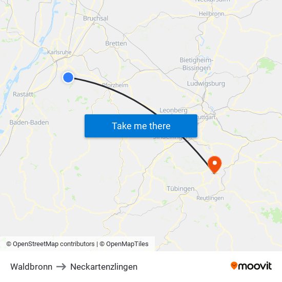 Waldbronn to Neckartenzlingen map