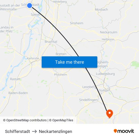 Schifferstadt to Neckartenzlingen map