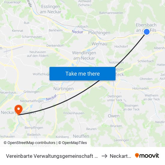 Vereinbarte Verwaltungsgemeinschaft Der Stadt Ebersbach An Der Fils to Neckartenzlingen map